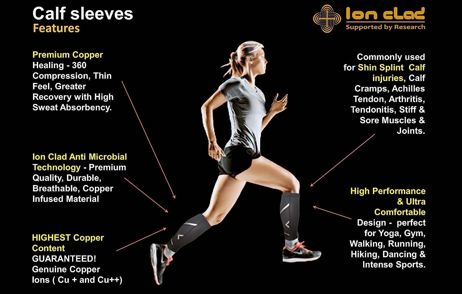 Ion Clad Copper Compression Calf Sleeve - Shin Support Socks for Relief from Leg Cramps, Shin Splints, Varicose Veins Injury Pain Guard - Recovery for Men and Women-Sports, Gym & Running (1 Pair, S)