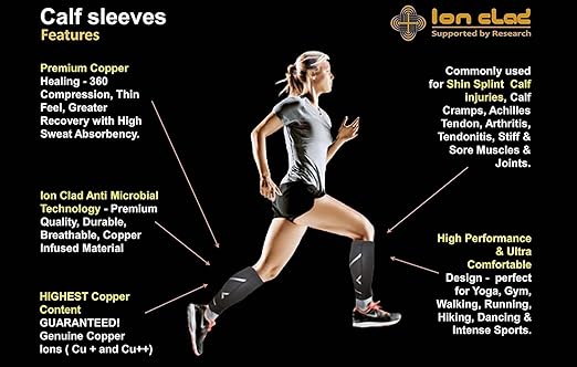 Ion Clad Copper Compression Calf Sleeve-Shin Support Socks Relief from Leg Cramps, Shin Splints, Varicose Veins Injury Pain Guard - Recovery Men and Women-Sports,Gym Running(1 Pair, M)