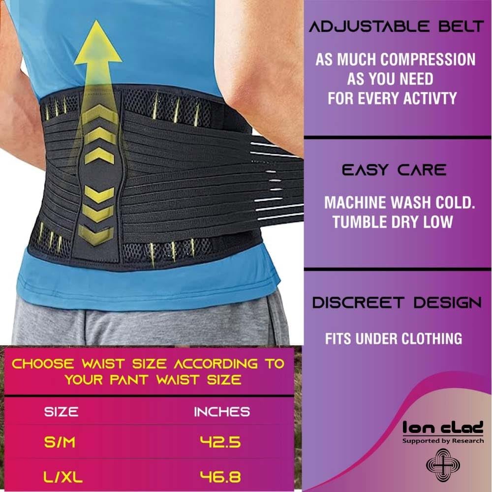 Ion Clad Scientist Developed Copper Infused Back Brace with Lower Lumbar Support Pain Relief & Muscle & Ligament Strain, Osteoporosis, Hernia, Pulled & Slipped Disc,Sciatica - Men & Women (S)