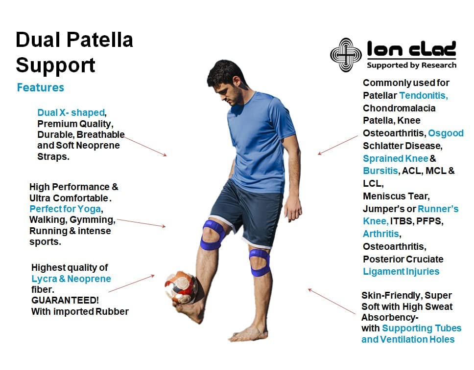 Ion Clad Neoprene Scientist Developed Dual Patella X-Shaped Adjustable Knee Compression Strap For Kids,Men&Women Pain Relief,Arthritis,Tendonitis,Bursitis Stabilizer Brace(Blue,One Size Fits All)