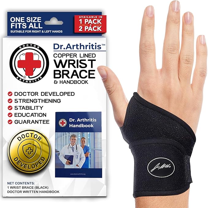 Dr. Arthritis Doctor Developed Copper Wrist Wrap/Wrist Brace for Carpal Tunnel Support, Tendonitis, Golf, Tennis -F.D.A Medical Device for Women Men - Right & Left Hands (Single)