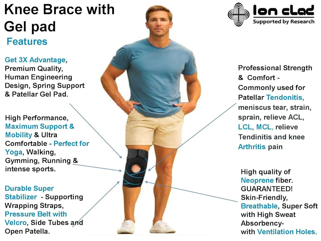 Ion Clad Open Patella Gel Wrap Adjustable X Straps Knee Brace Support–ACL Meniscus Tear, Arthritis, Tendonitis Compression Stabilizer Sleeve for Men Women for Relief Recovery,Sports,Running(One Size Fits All)