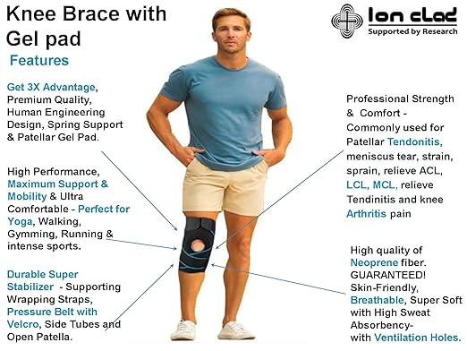 ION CLAD Open Patella Gel Wrap Adjustable X Straps Knee Brace Support–ACL, Meniscus Tear, Arthritis, Tendonitis Compression Stabilizer Sleeve Men & Women Relief Recovery,Sports,Running