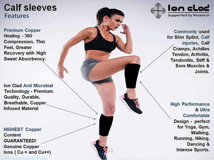 Ion Clad Copper Compression Calf Sleeve- Shin Support Socks for Relief from Leg Cramps, Shin Splints, Varicose Veins Injury Pain Guard - Recovery for Men & Women-Sports, Gym & Running (M)