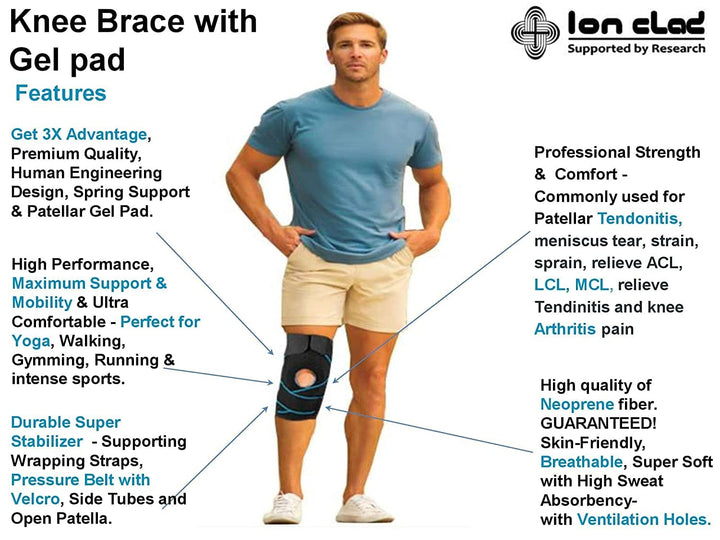 Ion Clad Open Patella Gel Wrap Adjustable X Straps Knee Brace Support–ACL, Meniscus Tear, Arthritis, Tendonitis Compression Stabilizer Sleeve for Men & Women for Relief & Recovery (Free Size) (Pair)