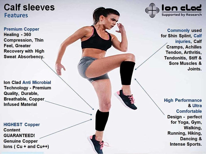 Ion Clad Copper Compression Calf Sleeve- Shin Support Socks for Relief from Leg Cramps, Shin Splints, Varicose Veins Injury Pain Guard - Recovery for Men & Women-Sports, Gym & Running (Pair) (S)