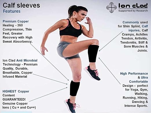 Ion Clad Copper Compression Calf Sleeve- Shin Support Socks for Relief from Leg Cramps, Shin Splints, Varicose Veins Injury Pain Guard - Recovery for Men & Women-Sports, Gym & Running (XL)