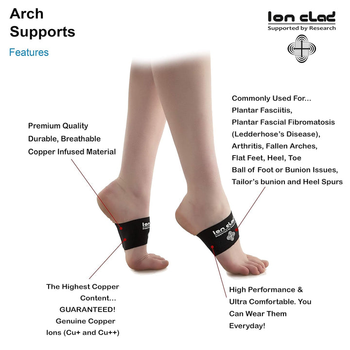 ION CLAD Scientist Developed Copper Arch Support (Pair) Copper Compression, Anti-Microbial, Braces/Sleeves for Arch and Foot Pain Relief, Muscle Relaxation, Flat Feet Correction and Scientist Written Handbook (One Size Fits All)