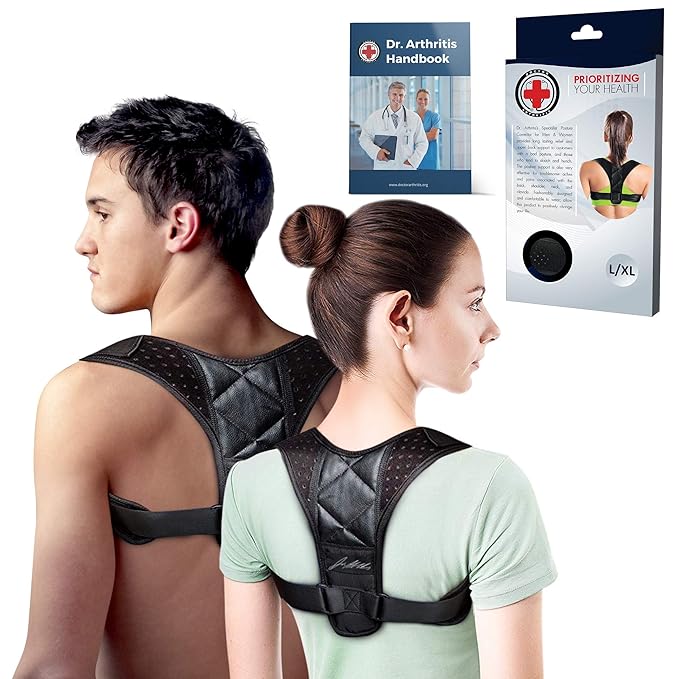 Dr. Arthritis Doctor Developed Posture Support/Posture Correct/Stabilizer/Back Brace & Doctor Written Handbook - Fully Adjustable for Upper & Lower Back Pain & Support. Suitable for Men & Women (Black, Small)