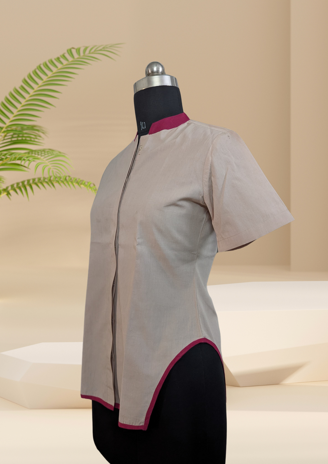 Short Sleeve  Stand Collar Shirt with Asymmetrical Hem