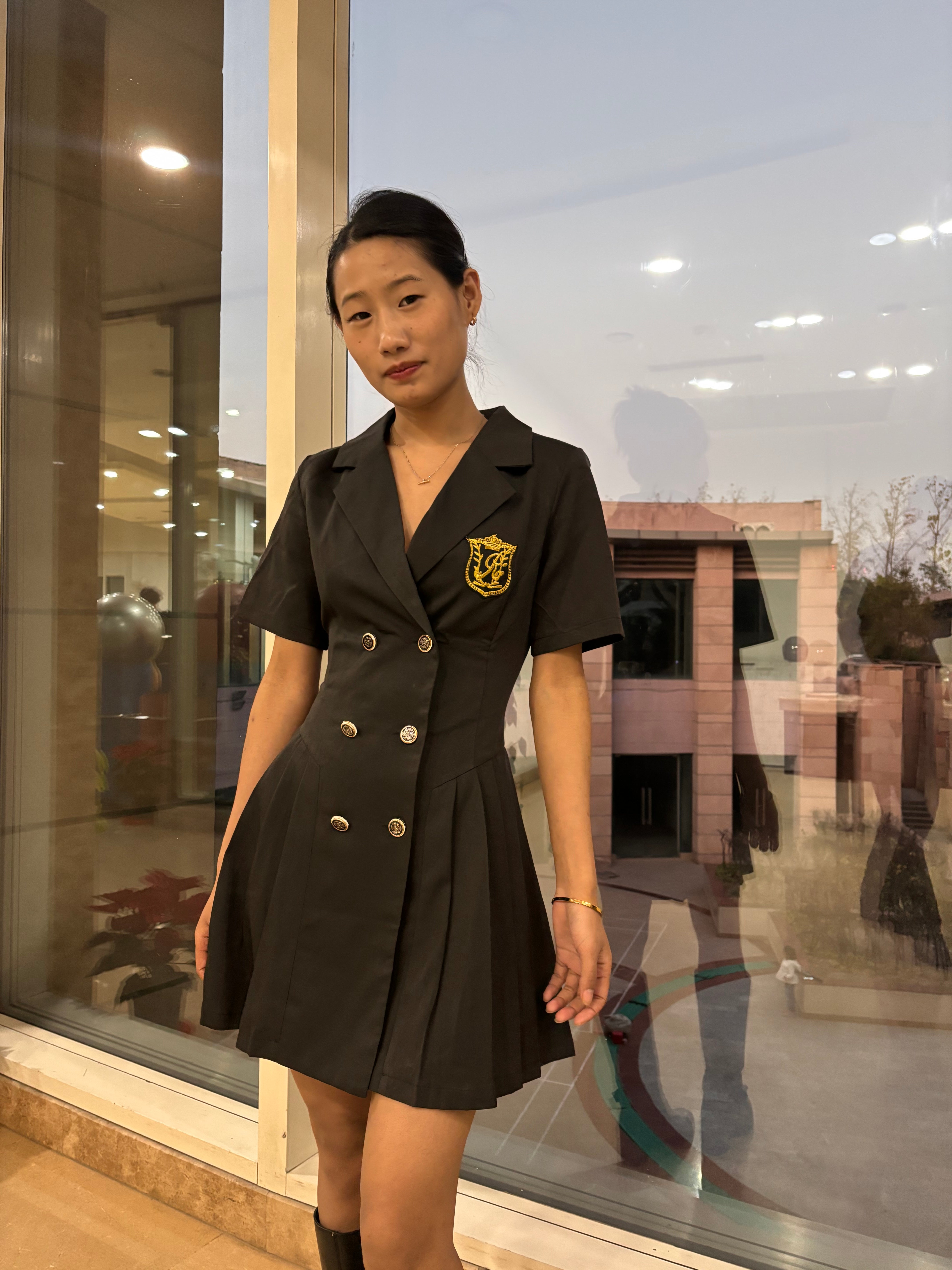 K-Drama CEO Chic Edition - Structured Pleated Blazer Dress with Gold Buttons – BASIC