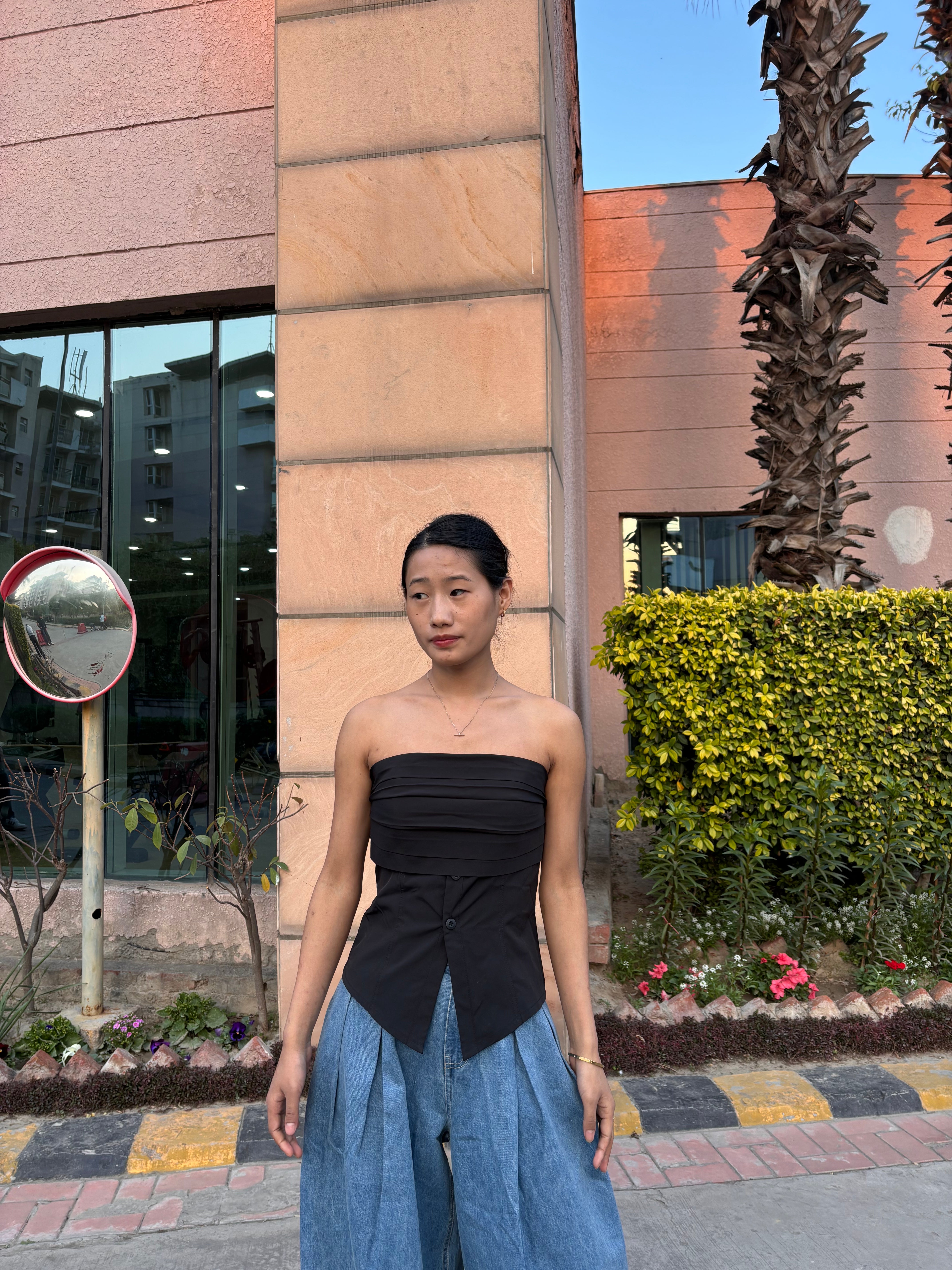 K-Fashion Chic with Edgy Elegance- Pleated Corset-Inspired Strapless Top- BASIC