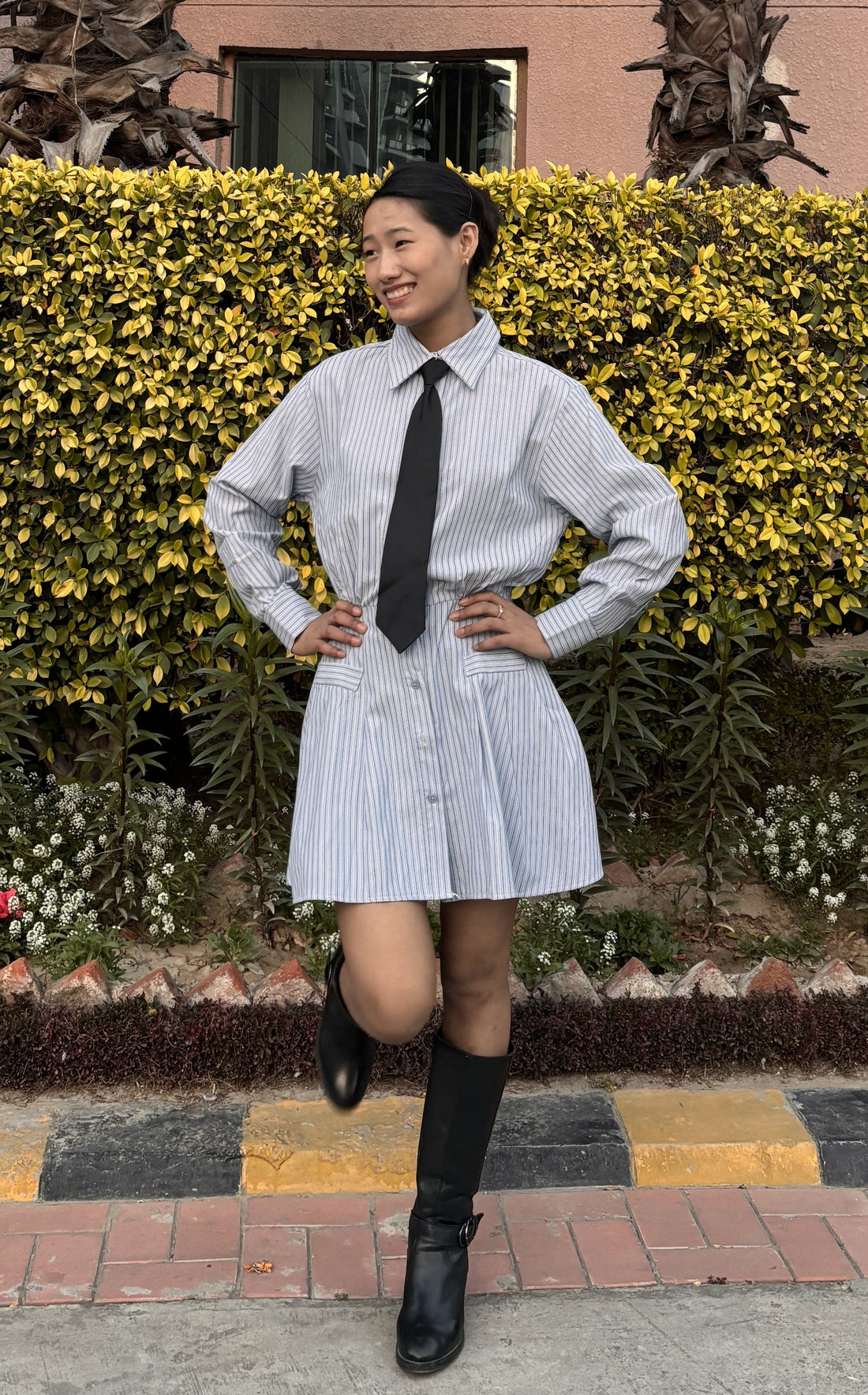 K-Drama Inspired Elegant Street Style - Chic Striped Shirt Dress with Flared Hem – BASIC