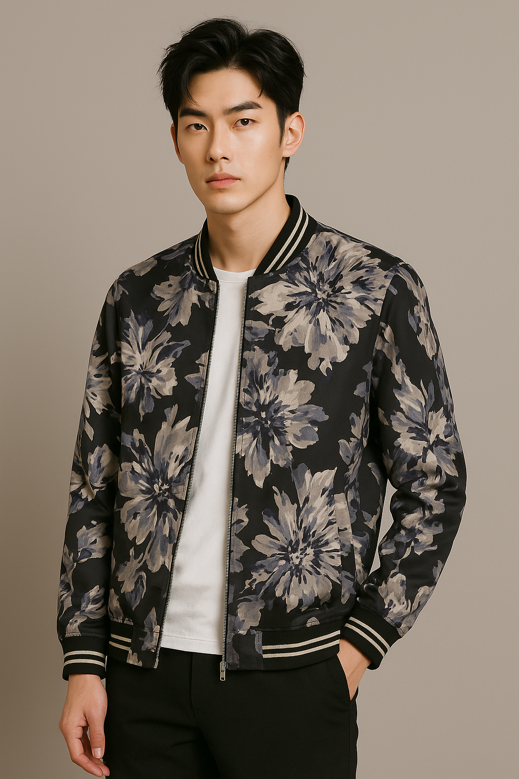 K-Drama Inspired Street-Style Statement : Luxe Floral Bomber Jacket with Monochrome Petal Print –  BASIC