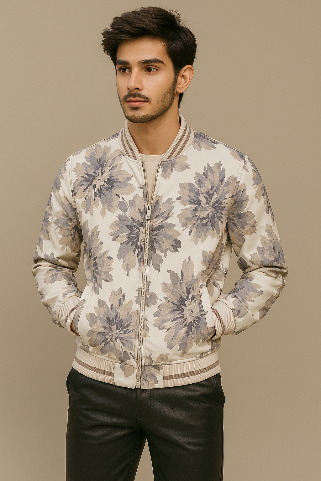 K-Drama Inspired Street-Style Statement : Luxe Floral Bomber Jacket with Monochrome Petal Print –  BASIC