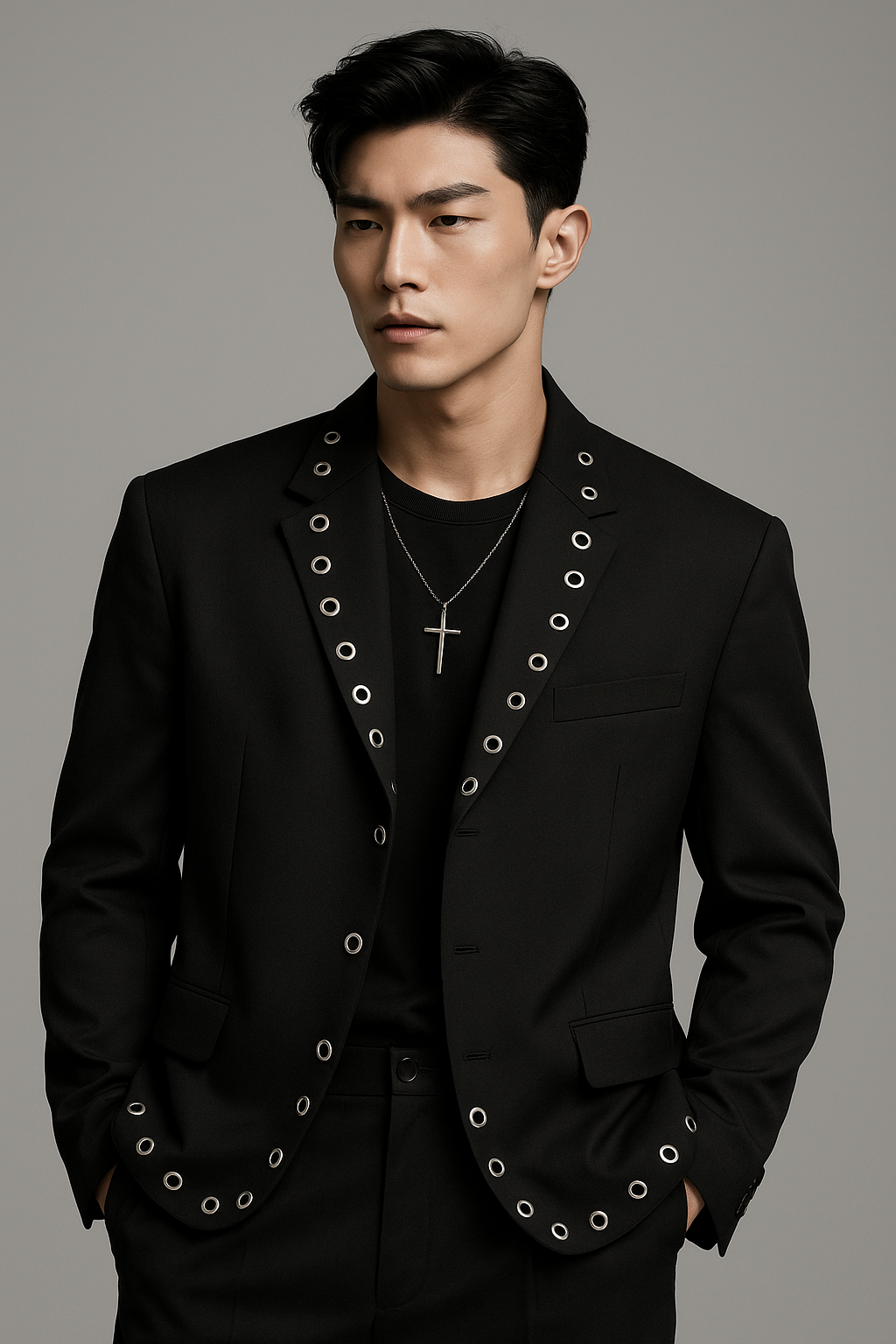 K-Drama Inspired CEO Edge - Power Dressing with a Rebel Twist : Cropped Black Blazer Jacket with Bold Eyelet Detailing – BASIC