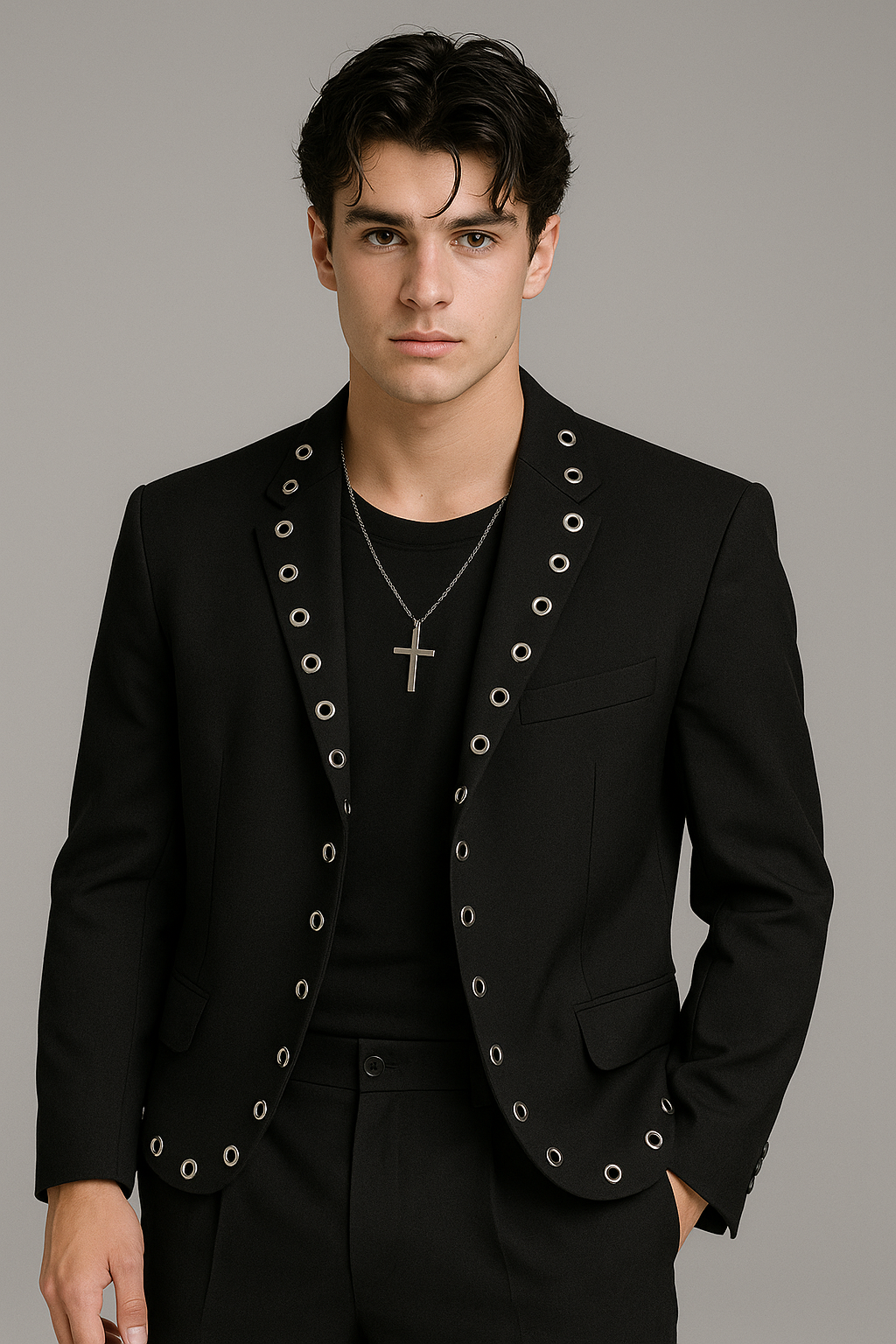 K-Drama Inspired CEO Edge - Power Dressing with a Rebel Twist : Cropped Black Blazer Jacket with Bold Eyelet Detailing – BASIC