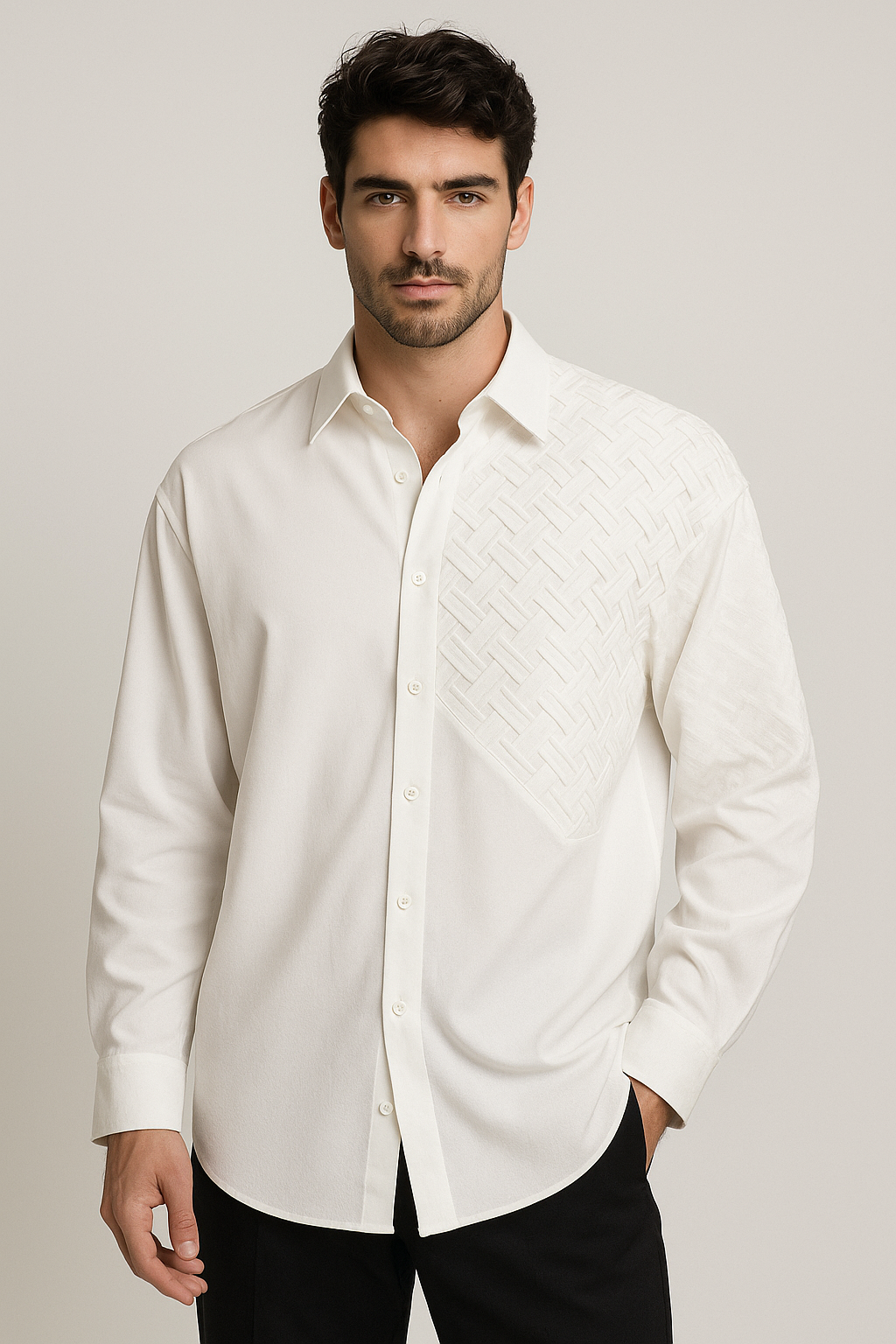 C-Drama Inspired Executive Statement : Asymmetrical White Shirt with Textured Shoulder Panel – Basic
