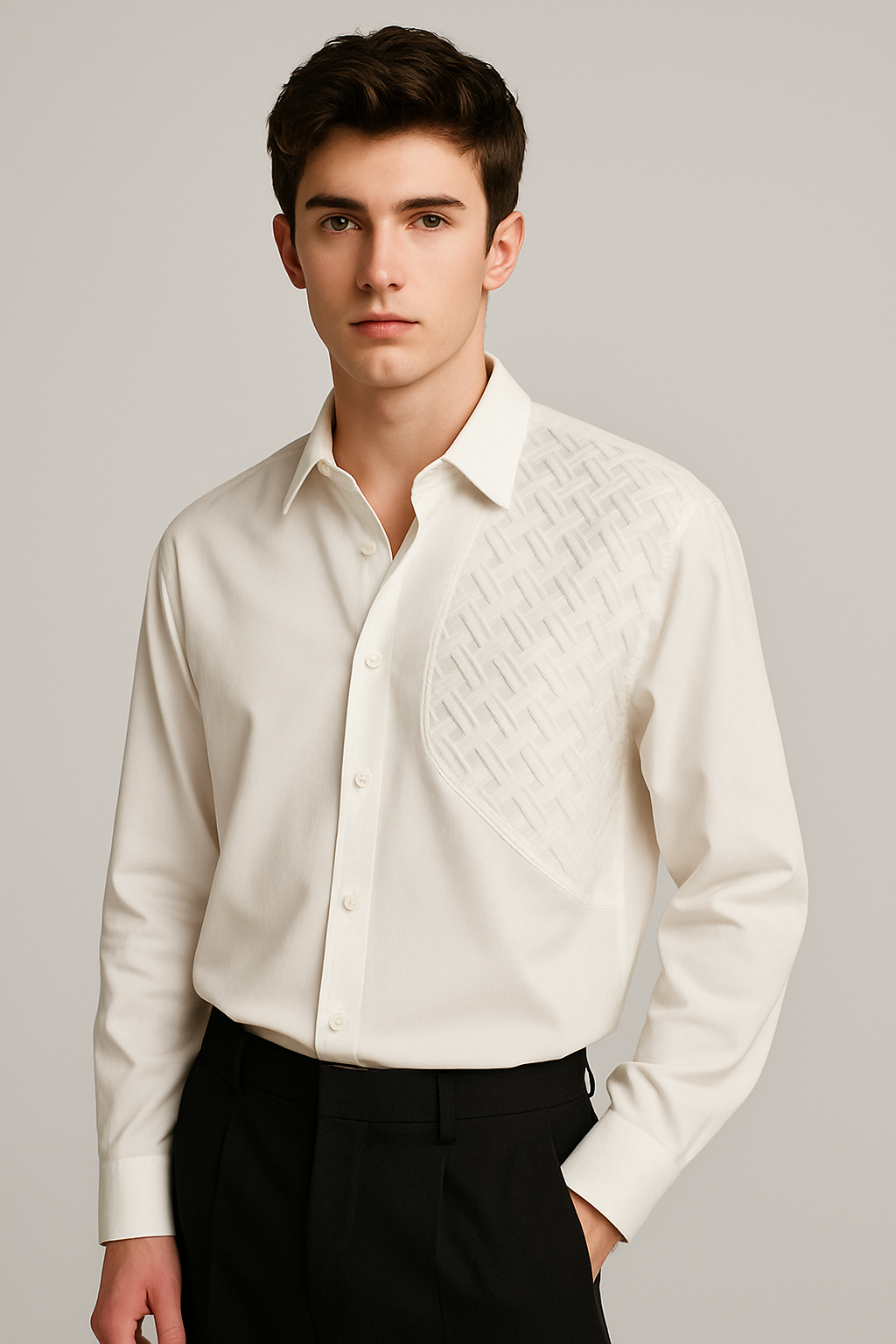 C-Drama Inspired Executive Statement : Asymmetrical White Shirt with Textured Shoulder Panel – Basic