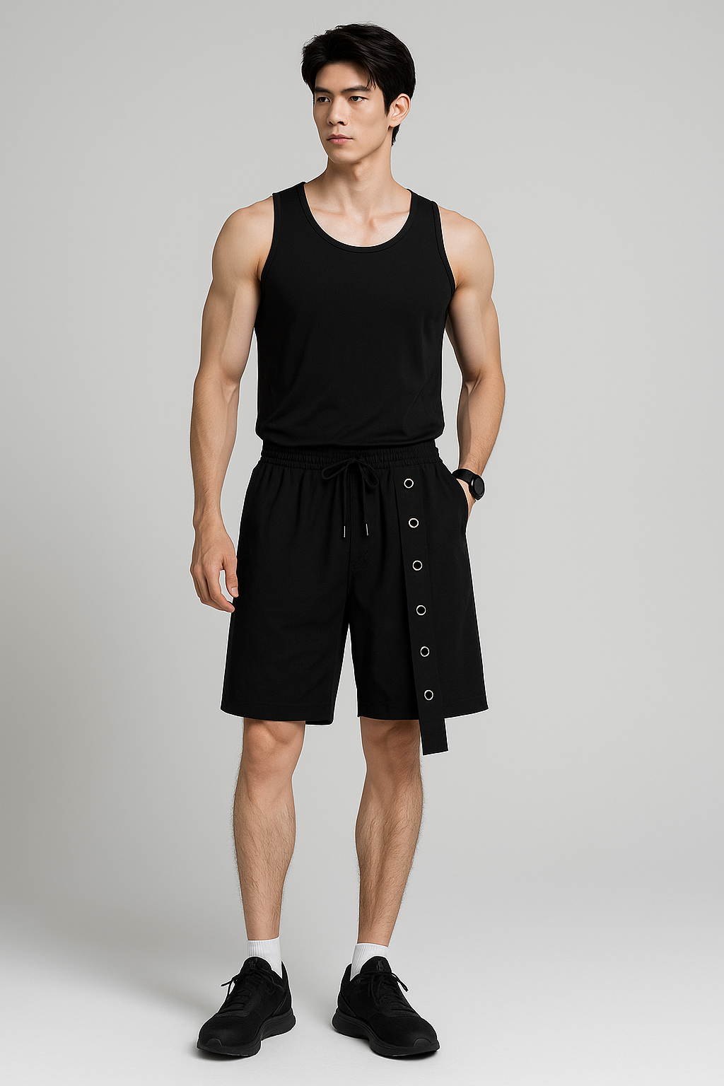 J-Drama Inspired Urban Minimalism : Black Relaxed Shorts with Eyelet Strap Detailing – BASIC