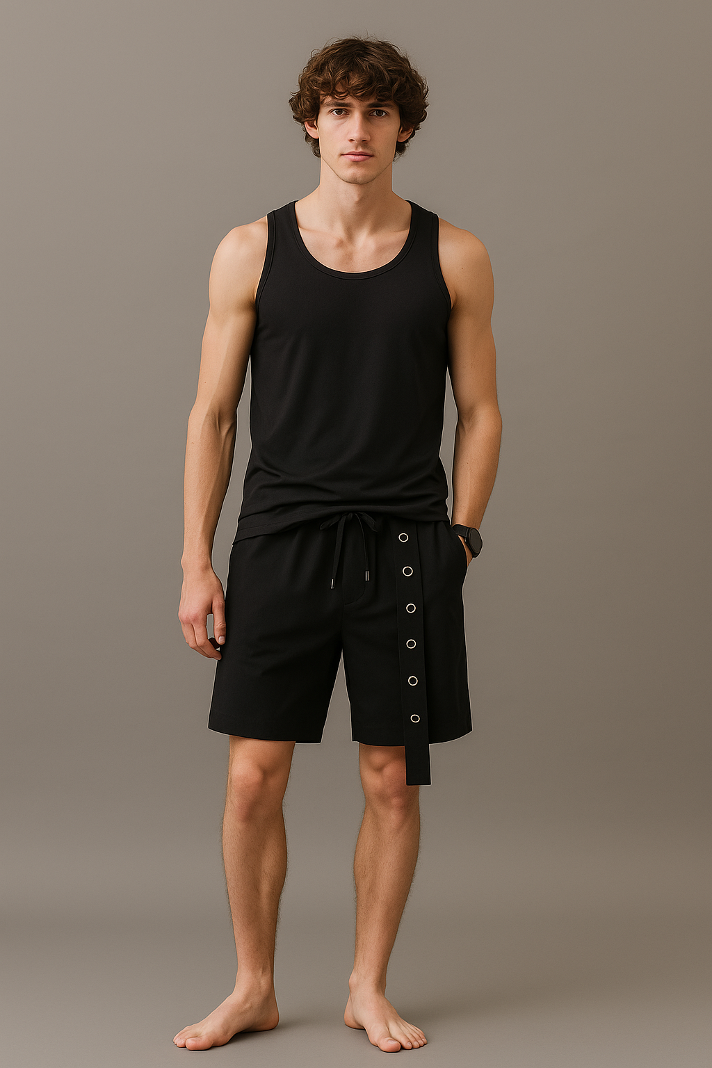 J-Drama Inspired Urban Minimalism : Black Relaxed Shorts with Eyelet Strap Detailing – BASIC