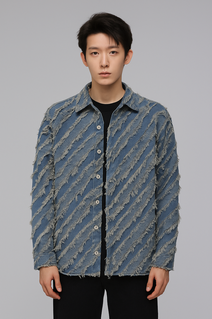 J-Drama Inspired Streetwear Statement : Textured Paneled Denim Jacket with Raw Frayed Detailing – BASIC