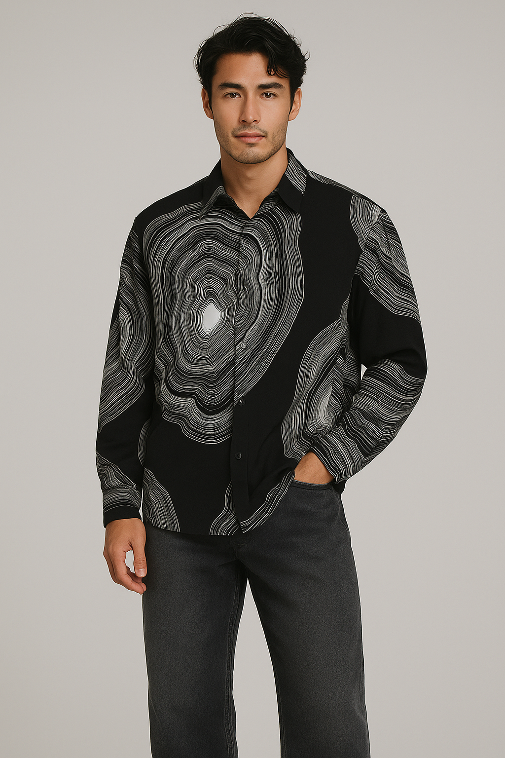 J-Drama Monochrome Mood : Black Shirt with Abstract Line Print – BASIC