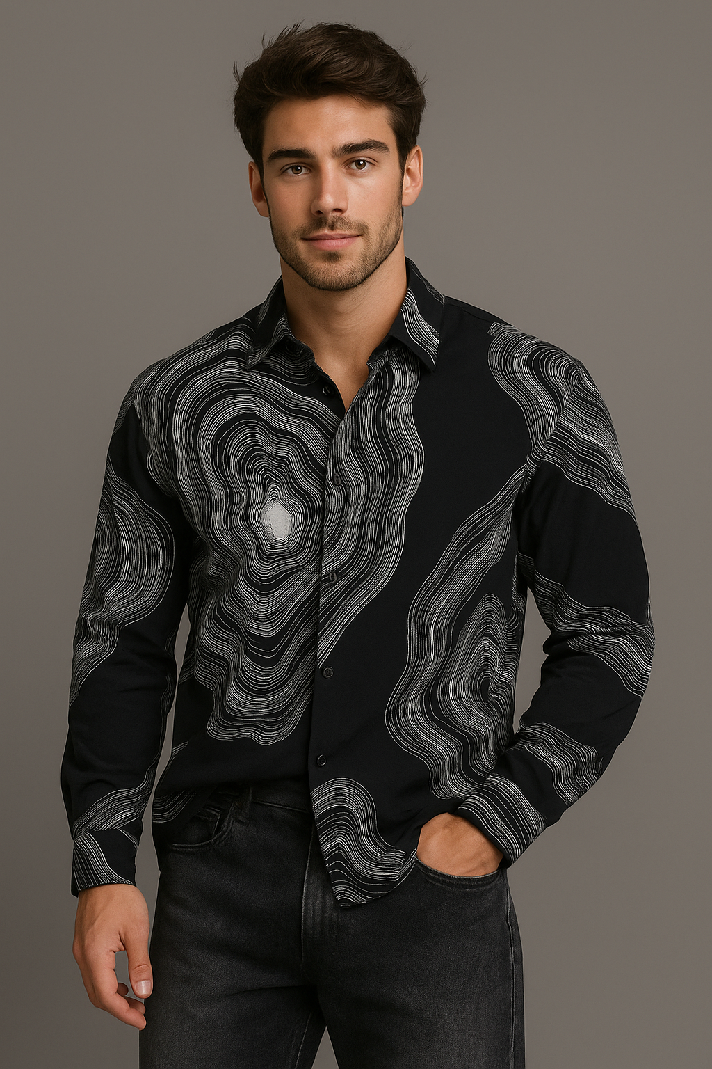 J-Drama Monochrome Mood : Black Shirt with Abstract Line Print – BASIC