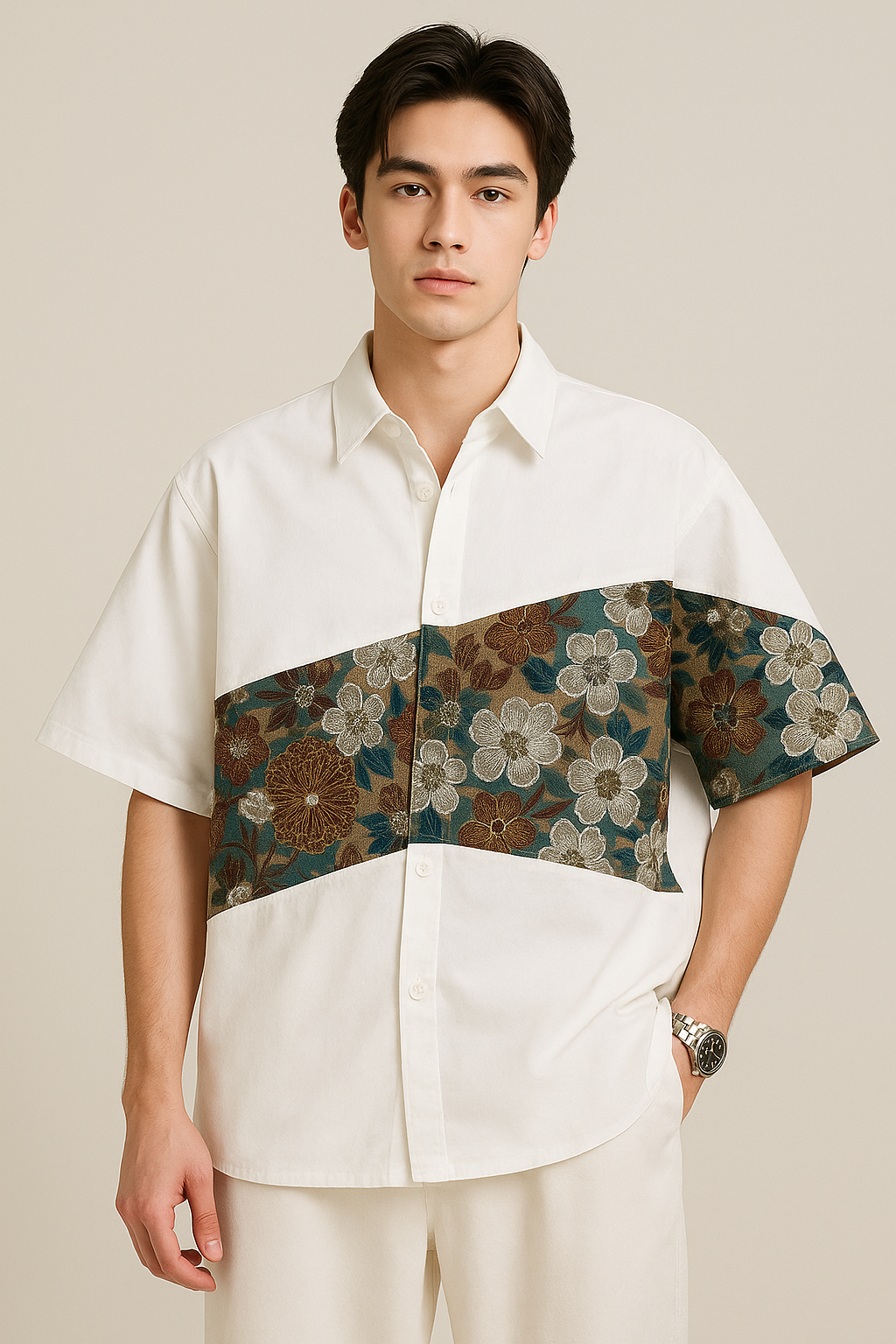 K-Drama Bloom : White Short Sleeve Shirt with Curved Floral Brocade Panel – BASIC