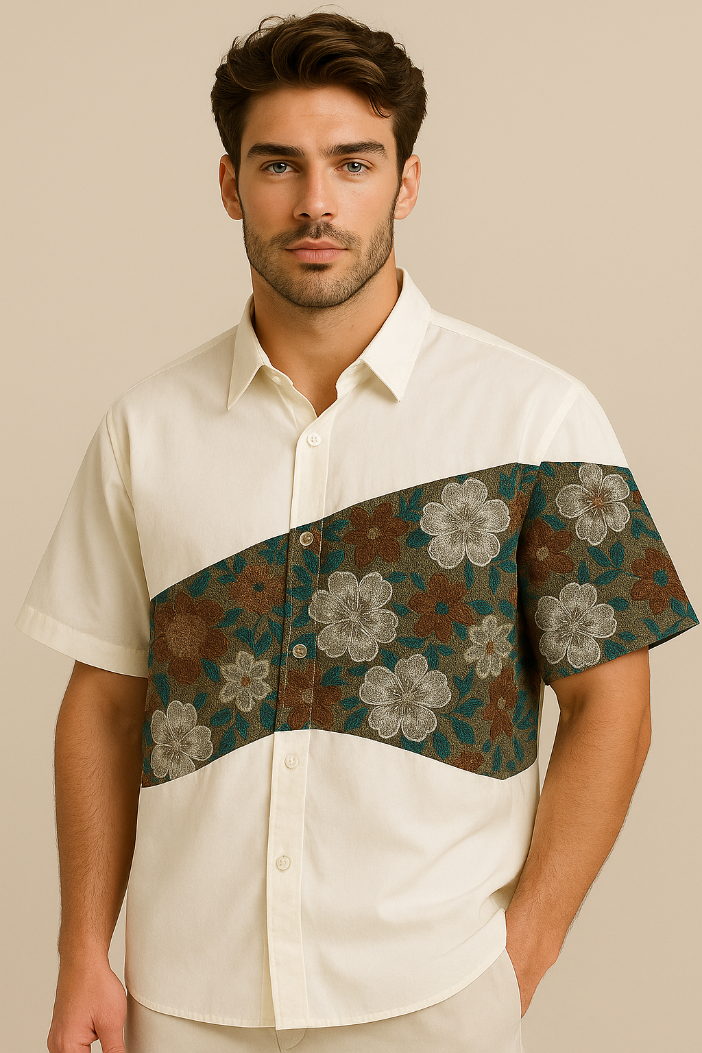 K-Drama Bloom : White Short Sleeve Shirt with Curved Floral Brocade Panel – BASIC