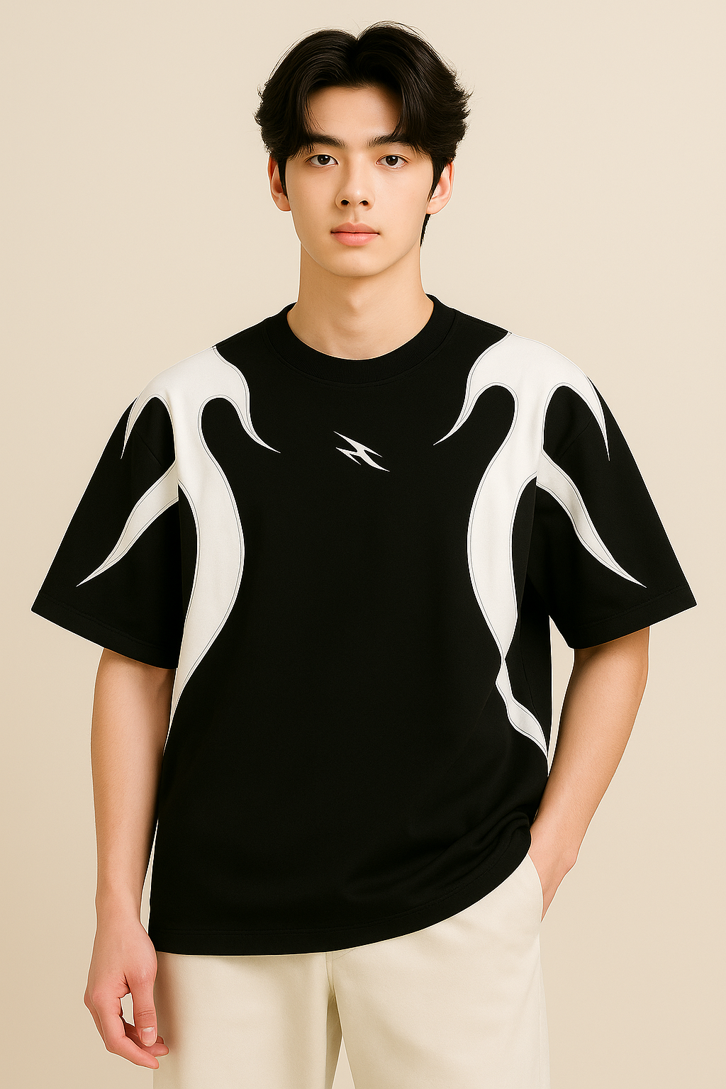 J-Drama Inspired Streetwear Vibe : Black Flame-Paneled T-Shirt with White Contrast Patches – BASIC