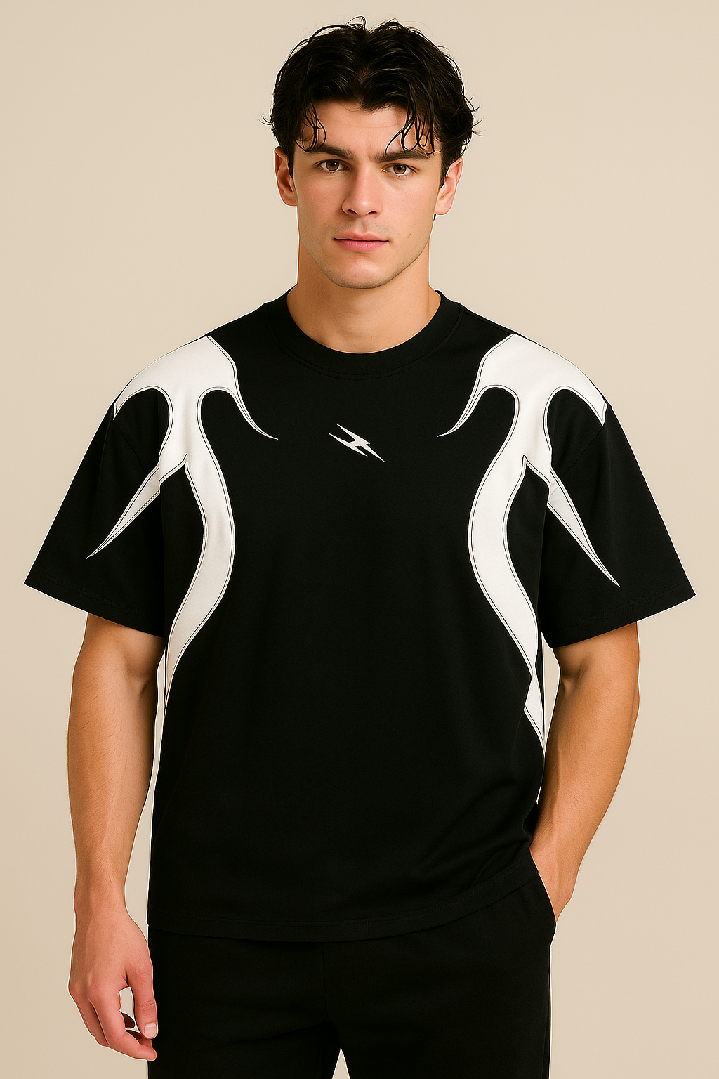 J-Drama Inspired Streetwear Vibe : Black Flame-Paneled T-Shirt with White Contrast Patches – BASIC