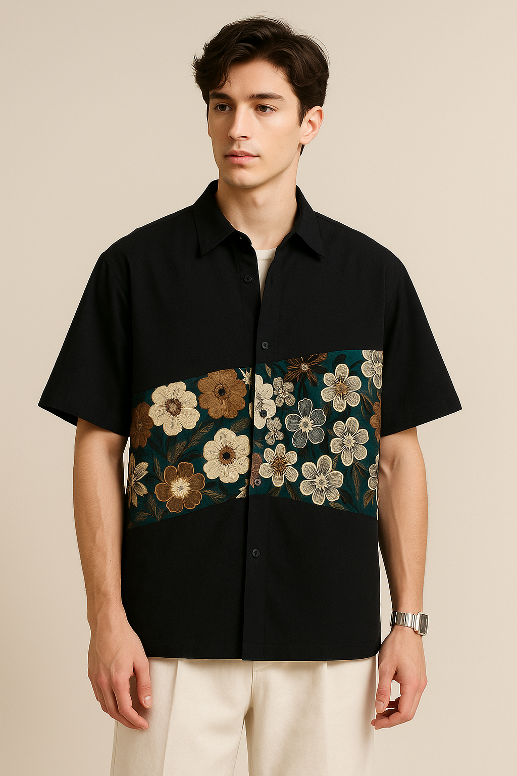 K-Drama Bloom : White Short Sleeve Shirt with Curved Floral Brocade Panel – BASIC