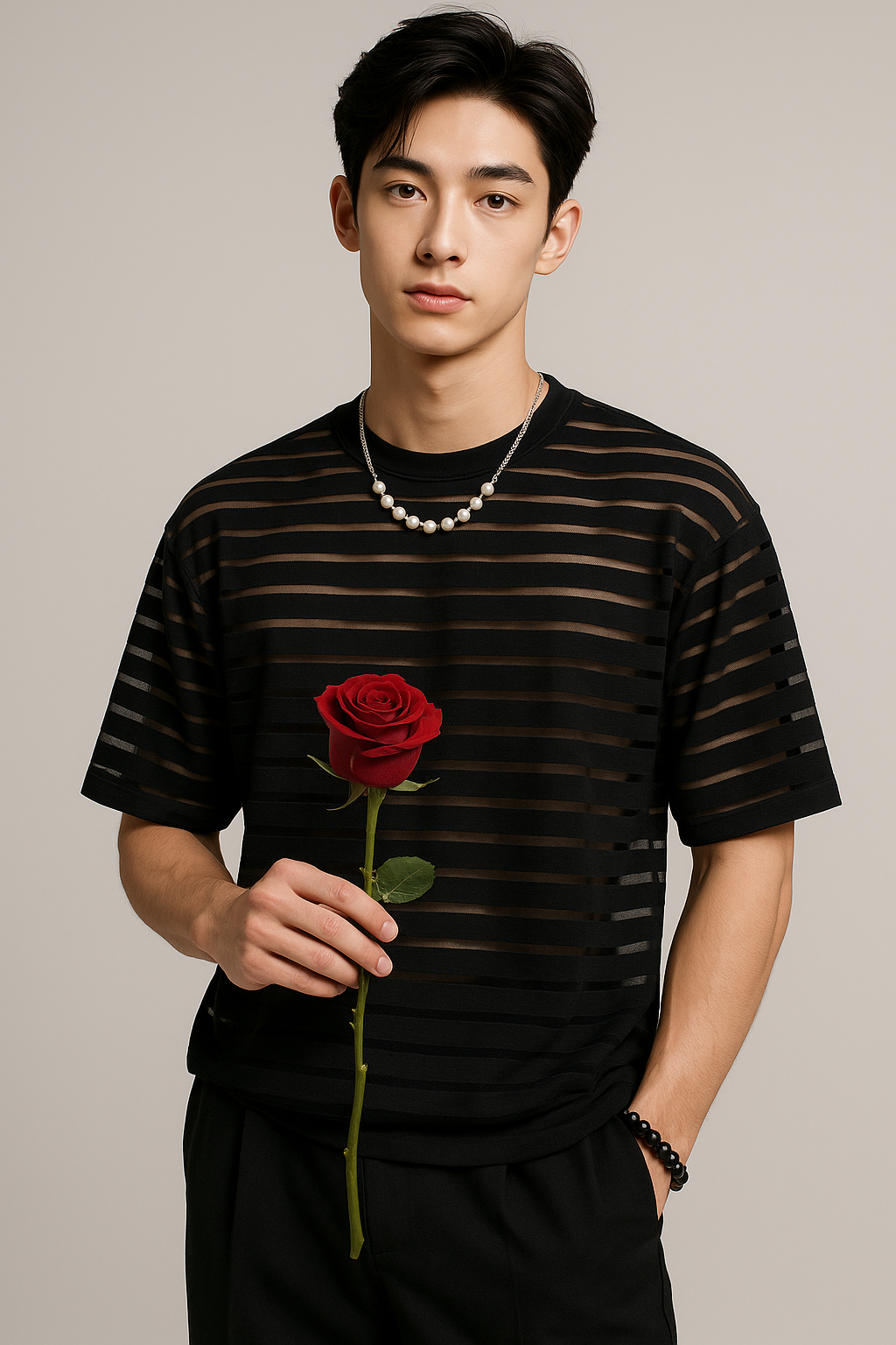 K-Drama Inspired Romantic Mystery : Black Sheer Striped Mesh Tee –  BASIC