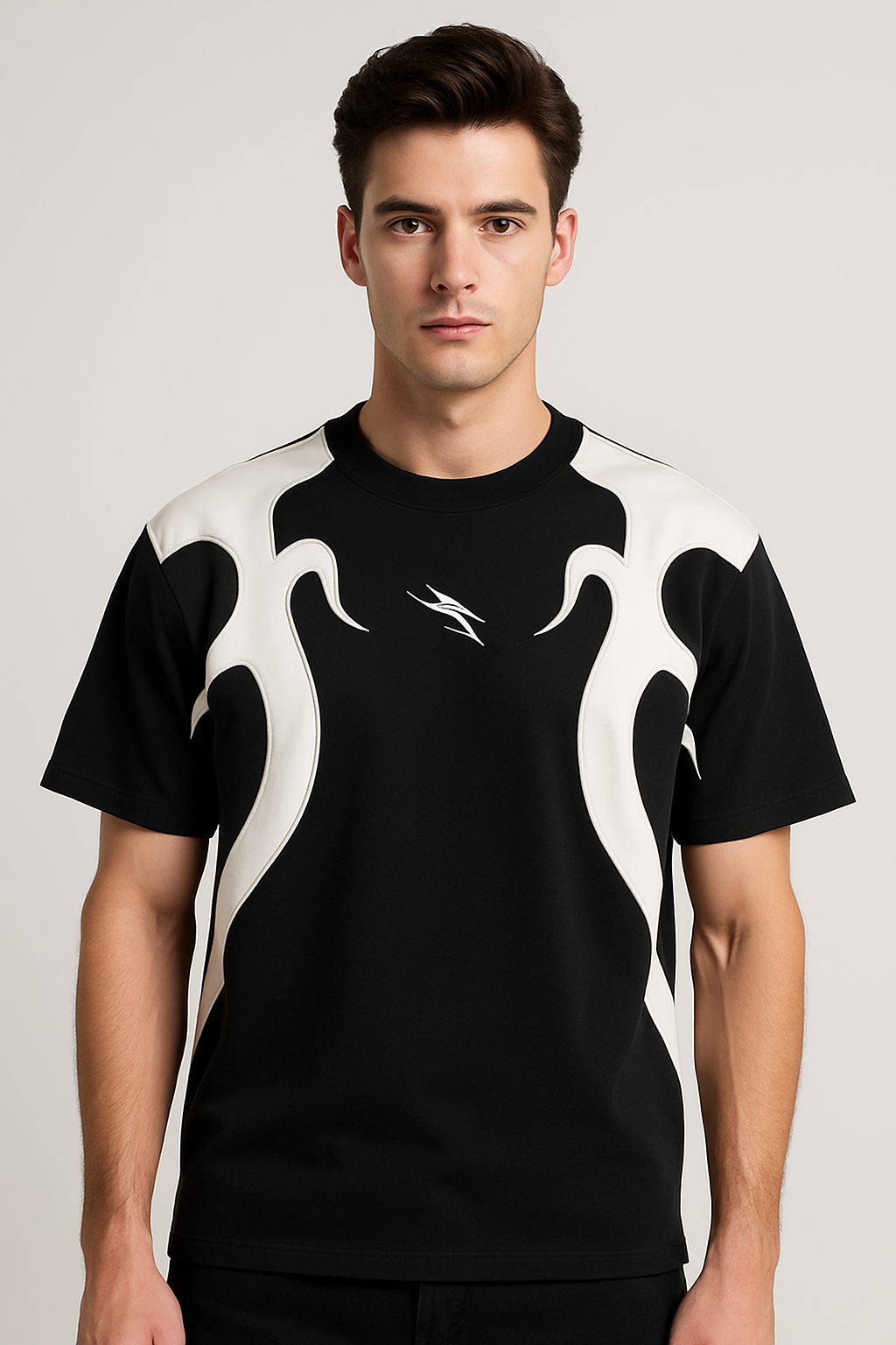 J-Drama Inspired Streetwear Vibe : Black Flame-Paneled T-Shirt with White Contrast Patches – BASIC