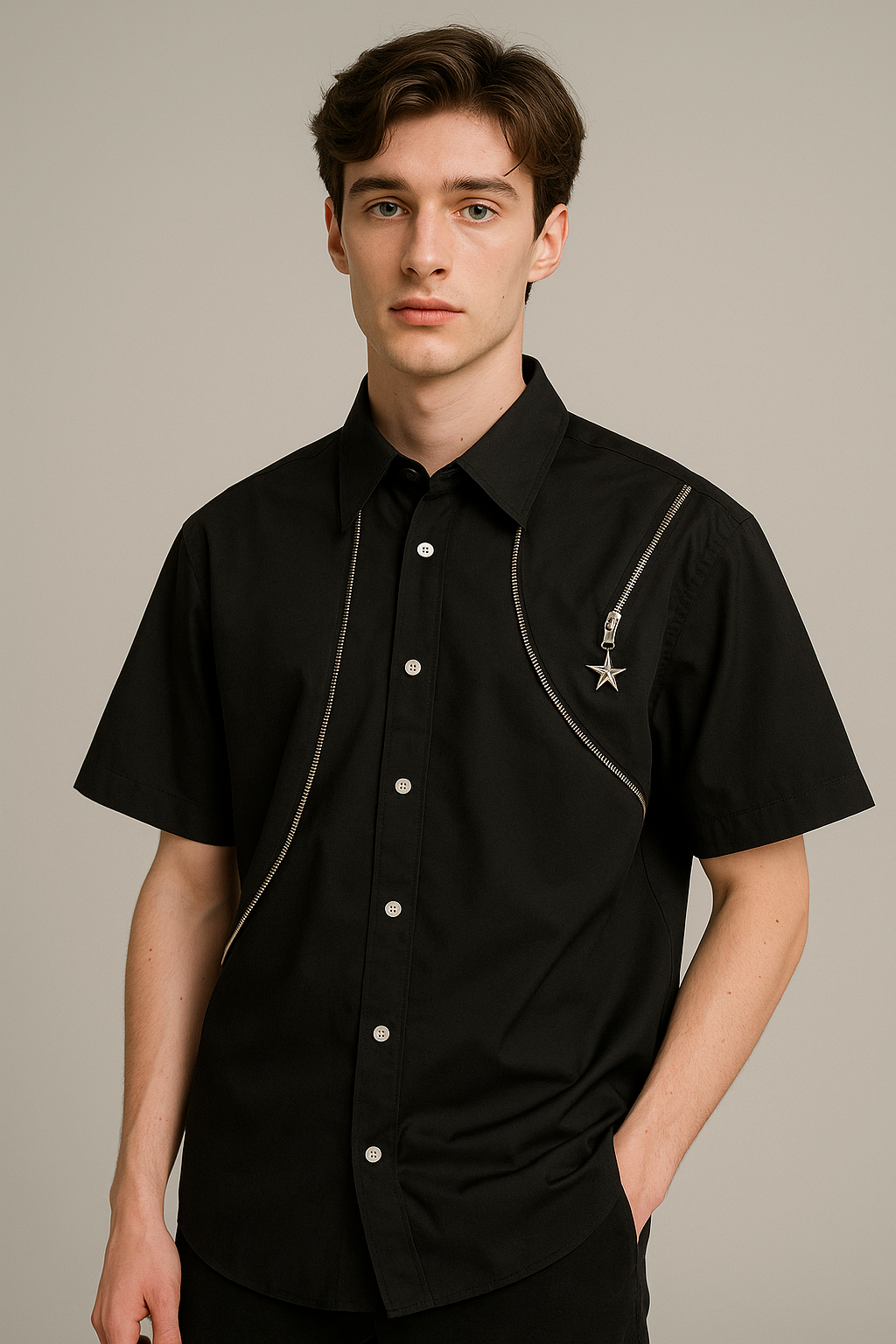 C-Drama Street Style Elegance - Black Asymmetric Zipper Detail Shirt - BASIC