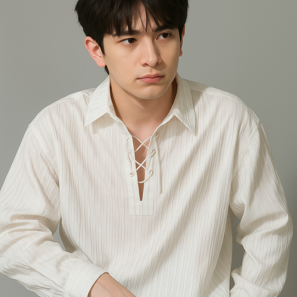 J-Drama-Inspired Minimalist Aesthetic - White Lace-Up Collar Shirt with Relaxed Silhouette – BASIC