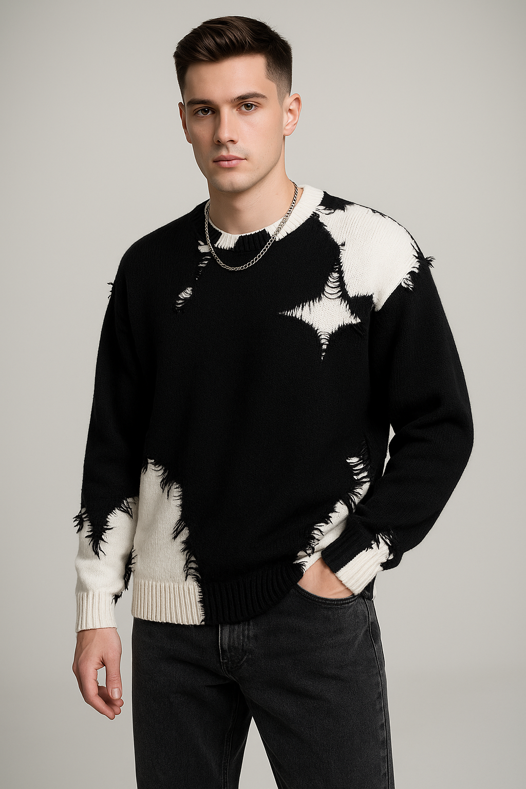 K-Drama Inspired Grunge Luxe - Distressed Color Block Knitted Sweatshirt –  BASIC