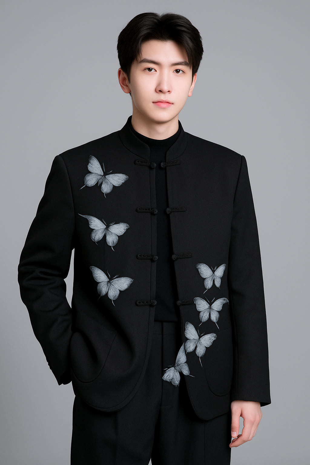 C-Drama Couture Statement -  Mandarin Collar Jacket with 3D Butterfly Appliqué & Knot Closures – BASIC