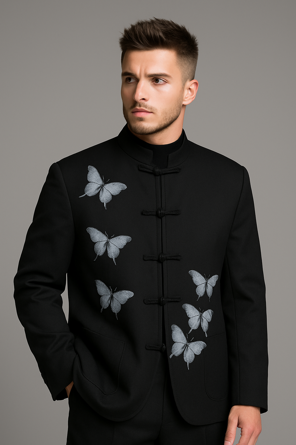 C-Drama Couture Statement -  Mandarin Collar Jacket with 3D Butterfly Appliqué & Knot Closures – BASIC