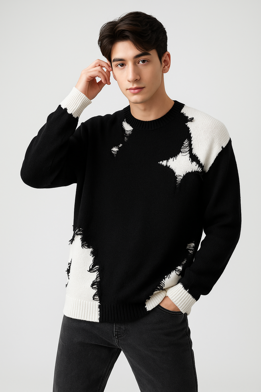 K-Drama Inspired Grunge Luxe - Distressed Color Block Knitted Sweatshirt –  BASIC