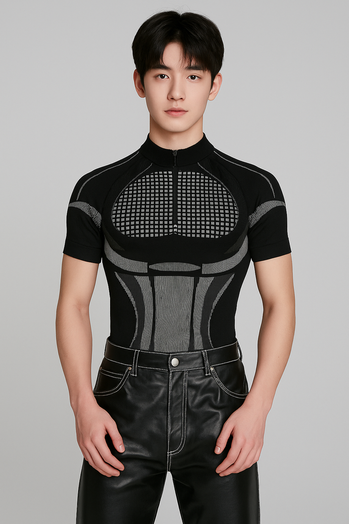 J-Drama Inspired Cyber-Edge Aesthetic - Futuristic Compression Knit Top with Zipper Front – BASIC