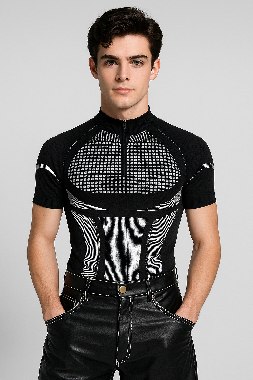 J-Drama Inspired Cyber-Edge Aesthetic - Futuristic Compression Knit Top with Zipper Front – BASIC