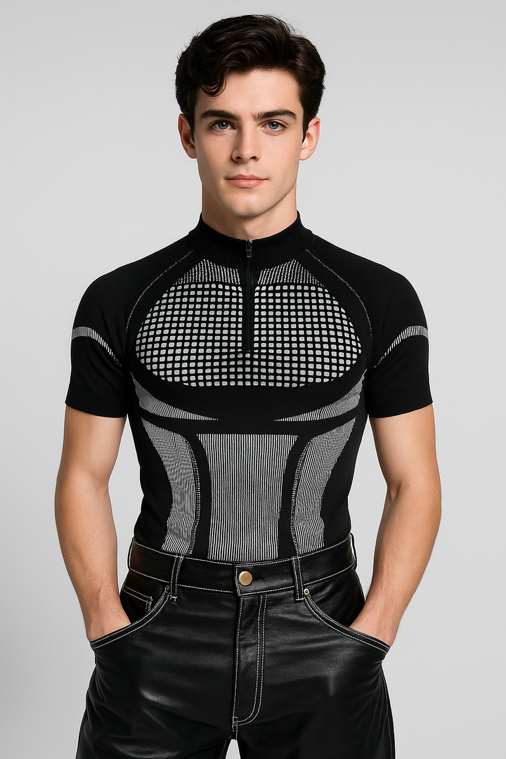 J-Drama Inspired Cyber-Edge Aesthetic - Futuristic Compression Knit Top with Zipper Front – BASIC