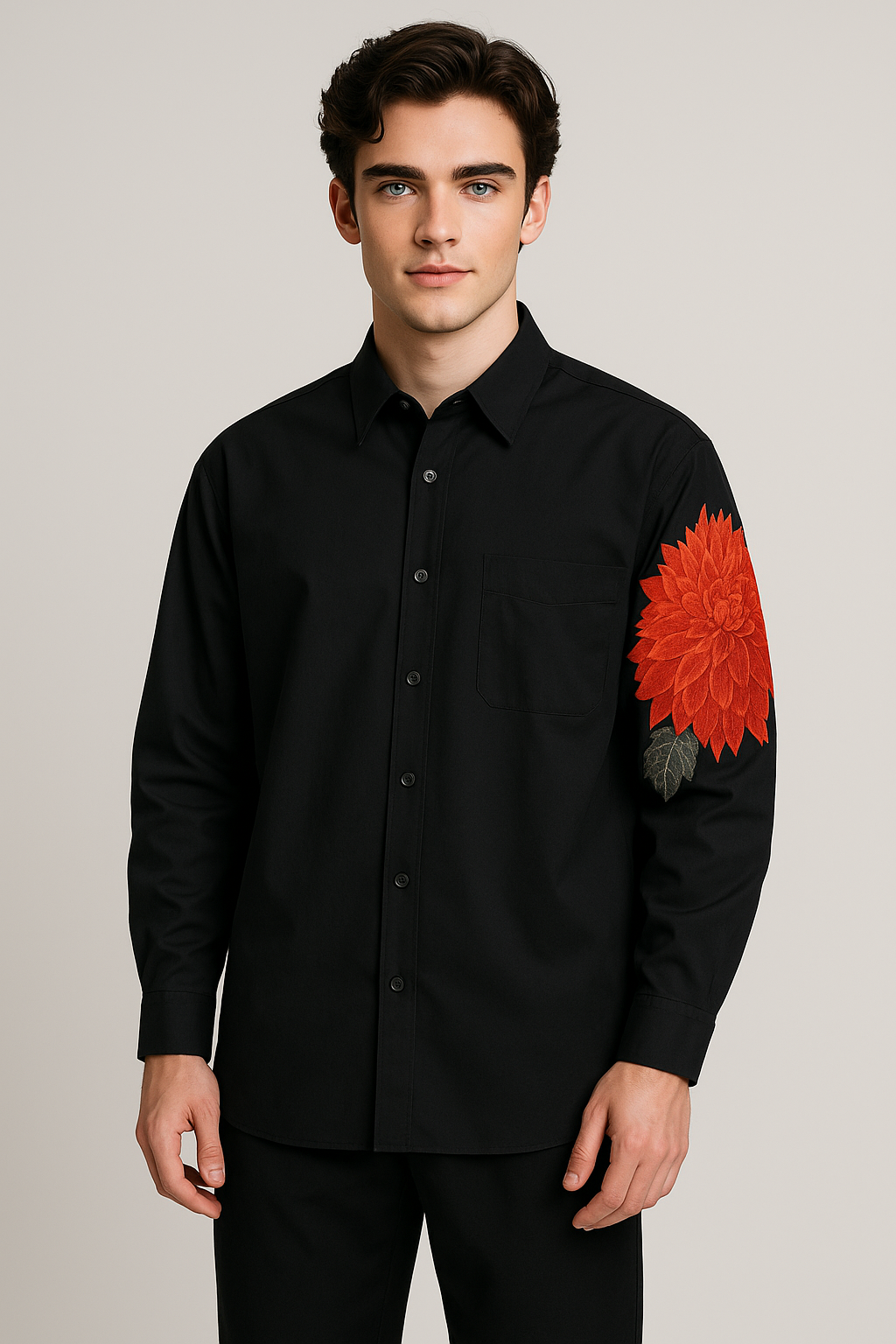 J-Drama Inspired Minimalist Elegance - Oversized Black Shirt with Floral Embroidered Sleeve Patch – BASIC