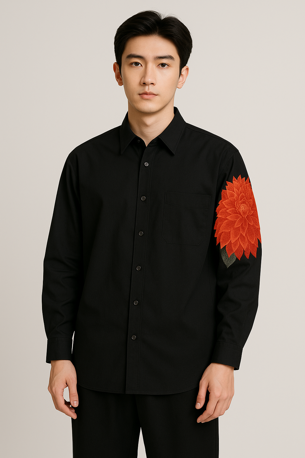 J-Drama Inspired Minimalist Elegance - Oversized Black Shirt with Floral Embroidered Sleeve Patch – BASIC