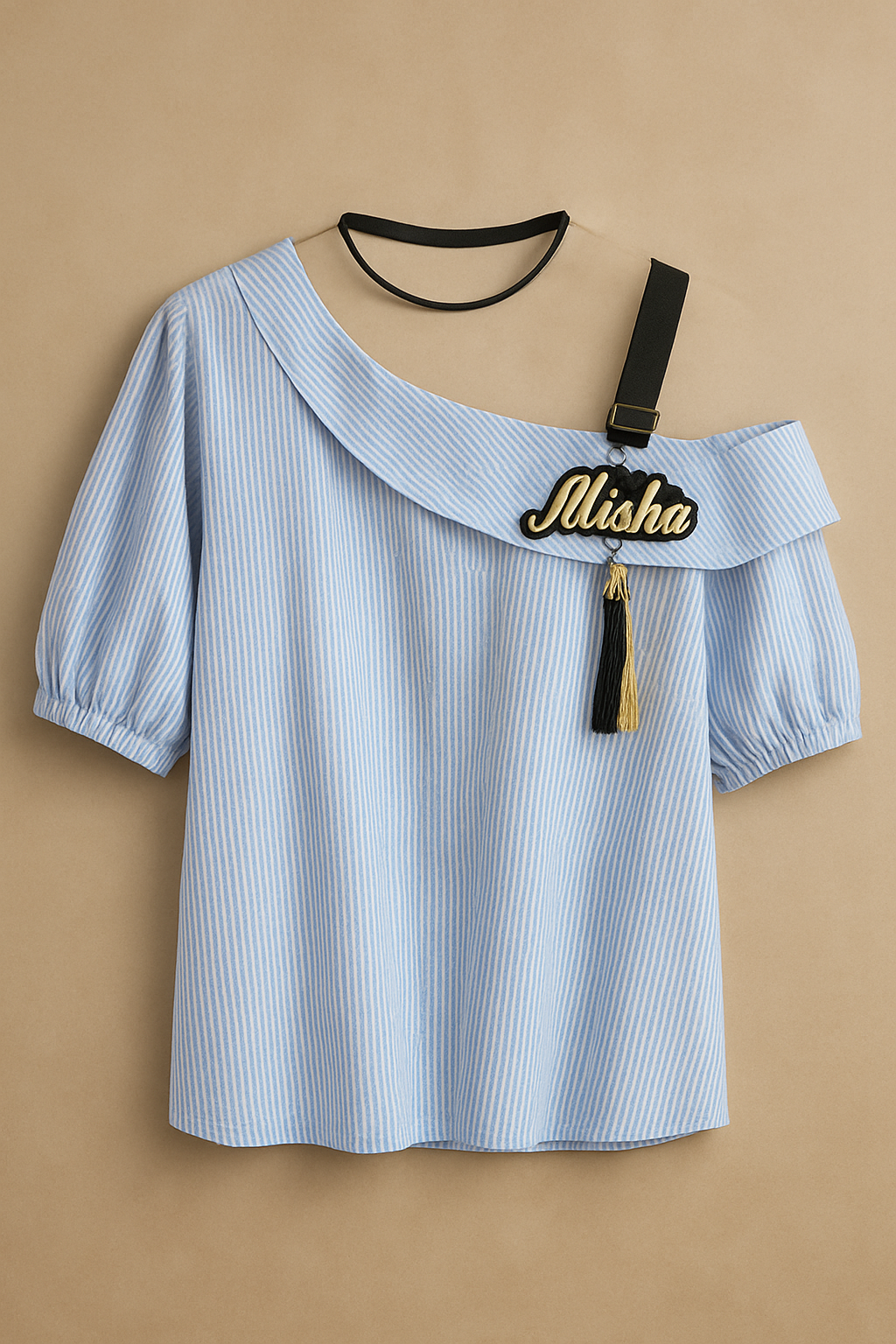 C-Drama Inspired Starlight Chic Top - Asymmetrical Stripes with Ribbon Strap Detail - BASIC