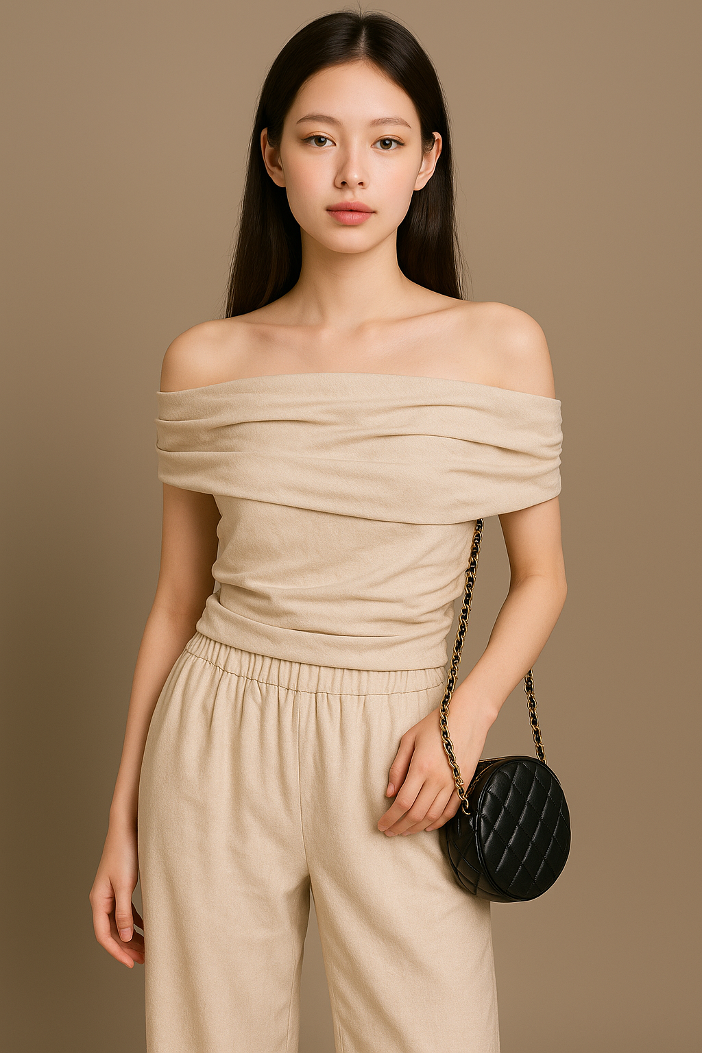 K-Drama Luxe, A CEO’s Effortless Elegance: Off-Shoulder Draped Top – BASIC