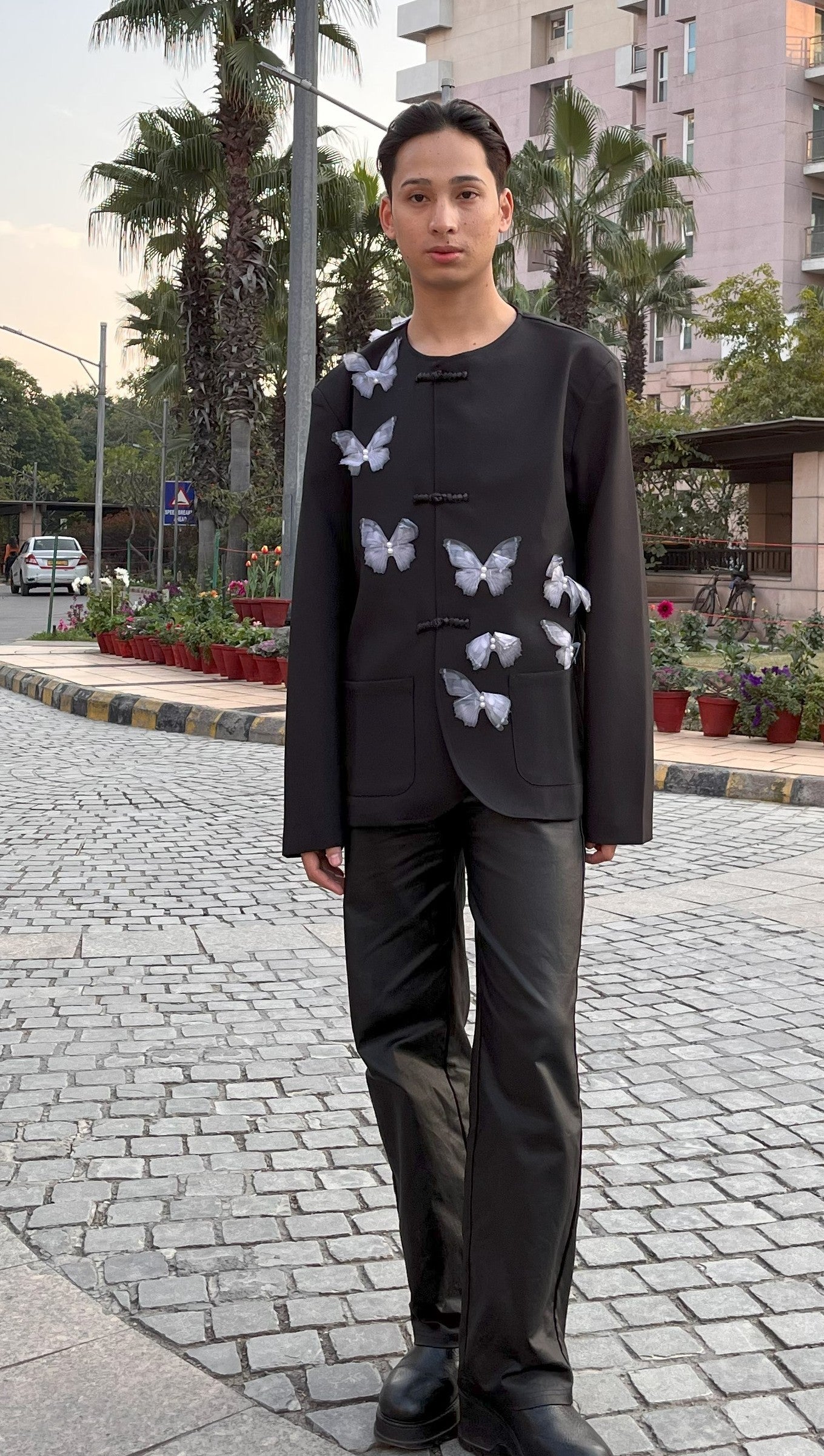 C-Drama Couture Statement -  Mandarin Collar Jacket with 3D Butterfly Appliqué & Knot Closures – BASIC