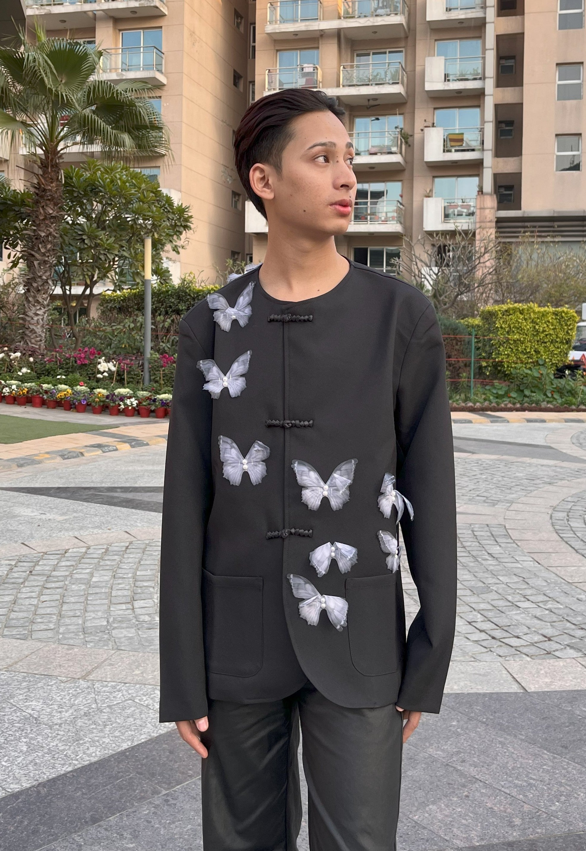 C-Drama Couture Statement -  Mandarin Collar Jacket with 3D Butterfly Appliqué & Knot Closures – BASIC